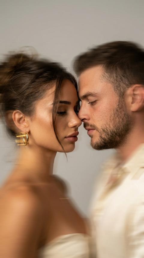 Сохрани внешность. Намеренно смазанный fashion-портрет пары, длинная выдержка, эффект движения. Мужчина и женщина близко друг к другу, лица соприкасаются. У девушки небрежная прическа, выпавшая прядь на лице, золотые серьги. Загорелая кожа. Мягкий рассеянный свет, теплый кремово-золотистый тон. Нейтральный светло-серый фон. Центр лиц в легком фокусе, периферия и украшения размыты в динамичные золотые росчерки. Кинематографичный стоп-кадр, дорогая небрежность. 100% сходство лиц, ultra realistic, 8k --ar 9:16
