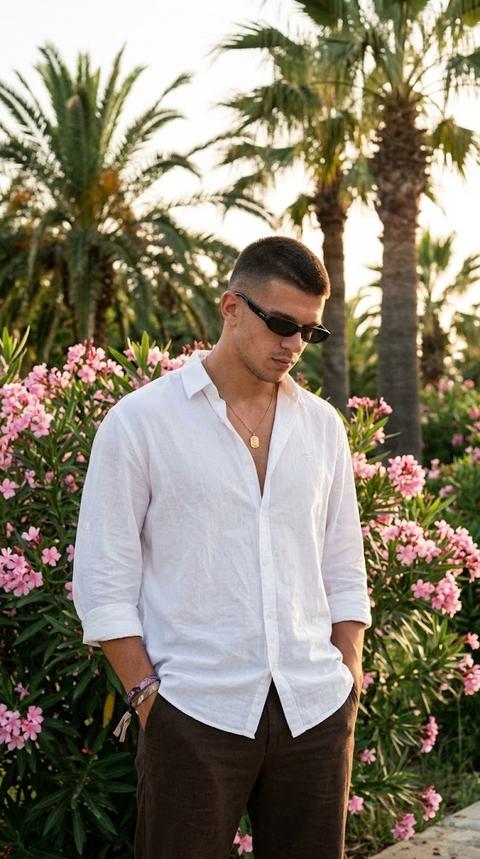 A photograph of a man standing in a garden among flowering bushes, his head tilted slightly down and to the side. His hands are in his trouser pockets, his body is relaxed, and his gaze is directed downward, creating a casual, casual pose. The shot is taken from the waist up, with the camera positioned slightly below eye level. The composition is centered, with the main focus on the face and upper body. Focus priority: face.

The man is wearing a loose, oversized, straight-cut white shirt made of lightweight cotton fabric with a matte finish (RGB #F5F5F2), the top buttons are undone, and the sleeves are rolled up to the elbows. Around his neck is a thin gold chain with a small round pendant with a smooth, glossy surface (RGB #D4AF37). He is wearing dark sunglasses with a narrow frame made of matte black material (RGB #1A1A1A). On his wrists are several thin fabric bracelets of different colors with a matte texture. Loose-fitting trousers made of thick cotton with a matte finish in a dark brown shade (RGB #2B211C).

The shoot takes place in a tropical garden with tall palm trees and dense flowering shrubs with small pink flowers (RGB #E8A2B5). In the background are softly blurred palm trunks, green vegetation, and light-colored architectural elements. The environment creates the feeling of a summer resort space with natural vegetation.

Lighting is bright natural daylight in the late afternoon. The light source is positioned to the side and slightly behind the model, creating a soft backlight along the edges of the shirt and hair. The face is illuminated by diffused reflected light from the surrounding vegetation. The shadows are soft, without hard edges, the contrast is moderate, and the light is warm and natural.

Shot with a 50mm portrait lens. Highly detailed skin, cotton fabric, flowers, and environmental details are captured. Film photography style: subtle grain, highly detailed, photorealistic, lifestyle portrait, outdoor photography.