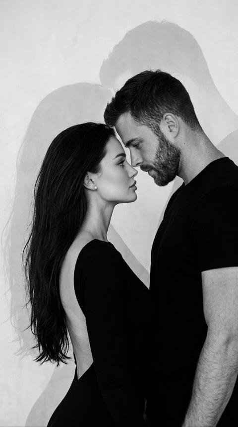 Создай портрет, не меняя черты лица. Фото в чёрно-белой гамме; вертикальная композиция с центральным лёгким художественным эффектом наложения/двойной экспозиции: два силуэта одного человека смещены друг относительно друга, создавая призрачное перекрытие.
На переднем плане - профильный ракурс от плеч до макушки. На девушке  черное платье по фигуре открытая спина, рукава длинные,  волосы  густые .  Шея вытянута назад, видна подбородка , и шеи, на ушной мочек - маленькая круглая серьга-жемчужная. Свет и тень подчёркивают контуры горла и линии плеча.
Рядом с девушкой стоит мужчина в чёрной рубашке. Они стоят, коснувшись лбами друг друга.
Фон — светлая, практически ровная стена с мягкой текстурой. На ней отчётливо видны тени и вторичный, более бледный силуэт, смещённый вверх и слегка влево. Контраст между тёмным передним силуэтом и бледным наложением создаёт ощущение глубины и лёгкой сюрреалистичности. Освещение мягкое, без
резких бликов, что делает переходы тонов плавными.
В целом кадр создаёт атмосферу задумчивости и , художественной интроспекции: простые элементы — одежда, акцент на заколке, плоский фон - в сочетании
с приёмом наложения формируют минималистичный, , немного мистический портрет.
мужчина высокий, спортивное телосложение. 