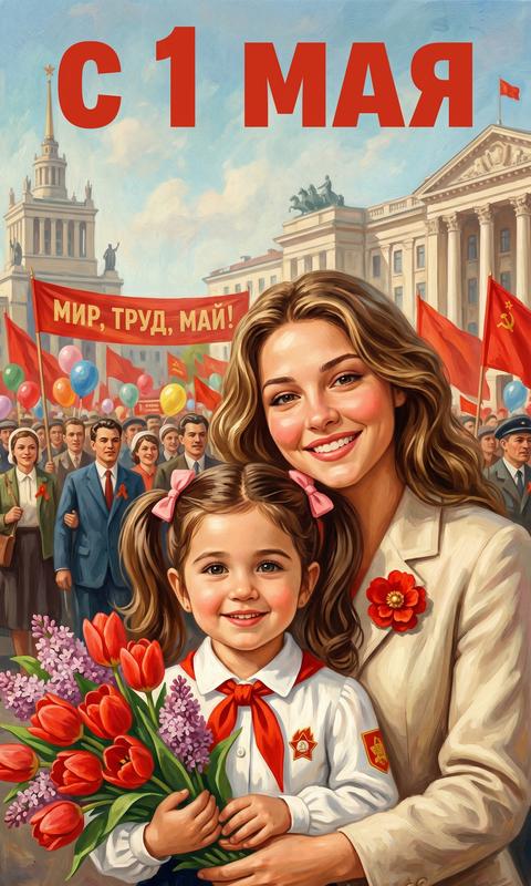 На изображении, выполненном в стиле советского плаката, изображены мама и ребенок, расположенные в центре кадра. Спереди ребенок, в белой рубашке с красным пионерским галстуком и значком. Ребенок держит большой букет цветов, в основном красных тюльпанов и сирени. Ребенок смотрит прямо на зрителя с легкой улыбкой. Сзади, приобняв ее, находится взрослая женщина, мама, с красивой укладкой волос, одетая в светлый пиджак с брошью в виде красного цветка. Она тоже улыбается. На фоне видны воздушные шары, транспарант с надписью "МИР, ТРУД, МАЙ!", толпа людей и архитектурные сооружения, напоминающие городские пейзажи. Надпись "С 1 МАЯ" выполнена крупными красными буквами в верхней части изображения. Цветовая гамма насыщенная, с преобладанием красных, синих, зеленых и бежевых оттенков. Освещение мягкое, создающее атмосферу праздника и оптимизма. Стиль изображения напоминает масляную живопись с легкой зернистостью.