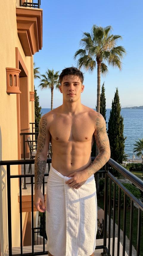 A man standing on the balcony of a luxury Mediterranean hotel after a swim. He looks directly into the camera, his shoulders naturally back, one arm hanging loosely by his side, the other lightly holding a white bath towel wrapped around his waist. His hair is damp. The shot is taken from mid-thigh to head, at eye level.

The texture of his skin and muscles is clearly visible thanks to the side sunlight. His hair is damp, with individual strands illuminated by the sun.

The man is wearing only a white bath towel made of thick terry cloth with a matte texture (RGB 245, 245, 242), loosely wrapped around his waist.

The shoot takes place on the balcony of an elegant Mediterranean-style beachfront hotel. The balcony is decorated with black wrought iron railings (RGB 28, 28, 28). On the left is a warm sand-toned façade wall (RGB 216, 188, 145) with terracotta architectural elements (RGB 166, 91, 56). In the background, tall palm trees, cypresses, the azure sea, the distant coastline, and a clear blue sky are visible.

The lighting is based on natural golden hour light. The low sun is from the side, creating a warm, directional light with soft, deep shadows. The contrast is moderately high, highlighting the volume of muscles, skin texture, and damp hair. The background is illuminated by warm evening light, and the sea maintains a rich, deep blue hue. The atmosphere is calm, luxurious, and relaxed.

Photo taken on an iPhone, amateur style photo taken on a phone.