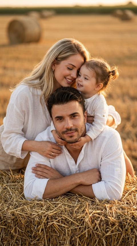 > Теплый семейный портрет в стиле «rustic family» на фоне сельского поля. Мужчина лежит на тюке сена, опираясь на скрещенные руки, смотрит прямо в камеру с легкой улыбкой. Женщина стоит позади него, обнимает за плечи, наклонив голову к его голове с нежной улыбкой. Маленький ребенок сидит на плечах у мужчины, обнимает его за шею, смотрит на женщину с радостным выражением лица.

> Одежда: Все трое одеты в белые рубашки из легкой ткани (лен или хлопок). У мужчины рубашка с расстегнутым воротником, рукава закатаны до локтей. У женщины белая блуза свободного кроя. Ребенок в белой рубашке с длинными рукавами.

> Окружение и освещение: Локация — поле с тюками сена после уборки урожая. На заднем плане видны размытые тюки сена и линия горизонта. Освещение — теплый свет «золотого часа» (закатное солнце). Мягкий боковой и контровой свет создает золотистый ореол на фигурах, подчеркивает текстуру соломы и кожи. Атмосфера теплая, семейная, ностальгическая.

> Технические параметры: Съемка на профессиональную камеру с портретным объективом 85mm f/1.8–f/2.0. Средний план (по грудь/пояс). Открытая диафрагма для создания эффекта боке (художественного размытия фона с полем и тюками сена) при сохранении идеальной резкости на лицах семьи. Теплая цветокоррекция в золотисто-бежевых тонах, высокая детализация текстур (солома, ткань, кожа), стиль family lifestyle photography, формат 8k, фотореализм.