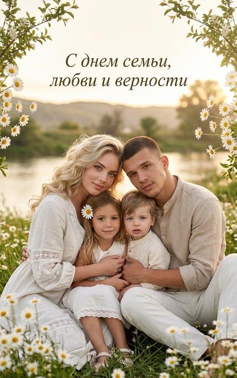 На этом фото семья  сидит на зелёном газоне среди цветущих ромашек. Мужчина и женщина нежно склоняют головы друг к другу и смотрят в камеру; родители обнимают своих детей, а дети смотрят в объектив. Все члены семьи расположены максимально близко друг к другу. Кадр снят по пояс, с уровня глаз, композиция центральная и симметричная, основной акцент сделан на лицах всех членов семьи. Приоритет фокуса: фокусировка на лицах всех членов семьи.

Сохраните черты лиц с загруженных фотографий.
Сохраняйте точные черты лица, пропорции и сходство с человеком.

У женщины эффектная причёска: объёмные волны, создающие ощущение непринуждённой элегантности и роскоши.

На женщине свободное платье молочно-белого цвета (RGB #F5F2EB) из натурального льна с матовой фактурой, украшенное кружевными вставками и вышивкой.

На мужчине рубашка из светлого бежевого льна (RGB #D9C7AF) с матовой текстурой и свободные брюки кремового оттенка (RGB #F4F2EC).

На детях хлопковая одежда молочно-белого цвета (RGB #F7F4EE)

Вокруг семьи растёт множество ромашек с белыми лепестками и ярко-жёлтыми серединками.

Над их головами красивой надписью в две строки с вензелями выведено: «С днём семьи, любви и верности».

Съёмка проходит на цветущем лугу у спокойной реки. На заднем плане видны холмы, мягкие силуэты деревьев и тёплое вечернее небо. По краям кадра расположены цветущие ромашки и зелёные ветви, создающие естественное обрамление композиции.

Освещение естественное, золотой час. Солнце находится чуть справа позади семьи, создавая мягкую контровую подсветку по волосам и плечам. Передняя часть лиц освещена отражённым тёплым светом. Тени мягкие и едва заметные, контраст умеренный, свет равномерно подчёркивает фактуру тканей, цветов и кожи без резких переходов.

Снято на портретный объектив 85 мм. Малая глубина резкости. Фокус на лицах всех членов семьи. Максимальная резкость сконцентрирована на лицах родителей и детей, при этом передние ромашки и дальний пейзаж сливаются в мягкий кремовый боке. Детали кожи, тканей, лепестков ромашек и природных элементов проработаны с высокой чёткостью.
