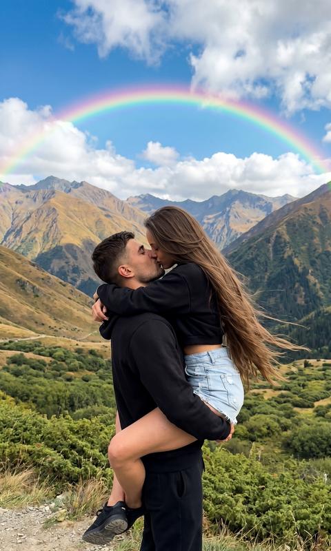 Ultra realistic cinematic travel photo, shot on iPhone 16 Pro Max, RAW aesthetic, ultra detailed textures, natural color grading, subtle film grain, vertical 9:16, shallow depth of field with wide landscape depth, realistic skin with visible pores, no beauty filter, no AI smoothing.
Романтическая пара страстно обнимается и целуется на фоне величественного горного пейзажа. Мужчина в чёрной худи с капюшоном и чёрных брюках поднимает женщину на руки, уверенно удерживая её. Женщина в чёрной укороченной худи и светло-синих рваных джинсовых шортах обвивает ногами его талию, полностью прижата к нему в эмоциональном моменте близости.
У женщины очень длинные густые волосы ниже поясницы, уложенные в салонную укладку: layered cascade haircut, слоистая форма, объёмный blowout на круглую расческу, гладкие блестящие пряди, концы аккуратно подкручены вовнутрь. Волосы выглядят ухоженно, с естественным движением от ветра и мягким блеском.
Композиция — wide cinematic shot с лёгким широкоугольным эффектом: пара на переднем плане чуть левее центра, с выраженной глубиной пространства. Лицо мужчины частично скрыто волосами девушки.
Фон — драматичные холмы и горы в оттенках коричневого, золотого и тёмно-зелёного, с ощущением позднего лета или начала осени. Внизу — мягкая зелёная долина с кустарниками. Над горами ярко-голубое небо с пушистыми белыми облаками и яркая изогнутая радуга, создающая сказочный cinematic mood.
Освещение — яркий естественный дневной свет с мягкими тенями, подчёркивающий рельеф гор и текстуры одежды. Лёгкий контровой свет выделяет контуры пары и волосы девушки, добавляя глубину и объём.
Цветовая палитра — насыщенная и живая: землистые горные оттенки, яркая зелень, чистое голубое небо и яркая радуга, контрастирующие с тёмной одеждой пары.
Style: cinematic travel photography, emotional storytelling, ultra realistic 8K, dynamic composition, authentic candid moment, luxury adventure mood.
Negative prompt: blurry faces, plastic skin, CGI look, distorted anatomy, extra limbs, bad hands, low resolution, fake rainbow, oversaturated HDR, wax skin, stiff pose, unrealistic proportions, cartoon style.