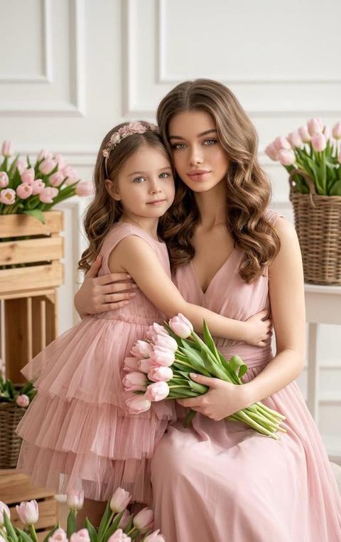 A woman and a little girl are half-turned to the camera, their bodies turned slightly inward. The woman is seated and the girl is standing next to her. The mother is hugging the child behind her back with one arm, holding a large bouquet of soft pink tulips with the other. The girl is snuggled close to her mother, her arms wrapped around her waist, their faces close together. Both are looking directly at the camera.
The shot is medium-high, from the waist up, the composition is centered, symmetrically complemented by flowers at the sides.
The woman's makeup is natural: a light, radiant tone, nude pink-peach lips with a satin finish, softly blended eyeshadow in warm beige tones, and carefully accentuated lashes.
The woman's hair is styled in soft, large waves, with volume at the roots and a natural shine. The girl wears a thin headband with small, soft pink flowers.
The outfit is in a cohesive color scheme. The woman wears a long, soft pink (powdery pink) dress with a V-neck; the fabric is smooth, matte, and softly folded.
The girl wears a full, soft pink tulle dress with a layered, airy textured skirt and light, translucent cap sleeves.
The location is a bright, interior studio with classic moldings on the creamy-white walls. Wooden crates and wicker baskets filled with soft pink tulips are arranged around the room. The composition is complemented by flowers in the foreground, creating depth in the frame.
The lighting is soft studio lighting or simulated natural daylight, with the main source positioned in front and slightly to the side. The light is diffused and warm-neutral. The shadows are soft, with smooth transitions, and the contrast is moderate, without harsh darks. The color rendition is natural, with an emphasis on the soft pink and cream palette. Shot with an 85mm portrait lens, shallow depth of field, sharp focus on the faces, slightly blurred background and foreground. High detail in fabric, colors, and skin texture. Fine art family portrait photography, soft natural light, highly detailed, photorealistic. Faces are not altered.
Soft blush pink family portrait mood,
dominant pastel pink and cream tones,
warm neutral color temperature,
low to medium contrast,
diffused frontal lighting,
gentle shadow gradients,
clean elegant editorial color grading,
romantic spring aesthetic. Не меняй черты лица 
