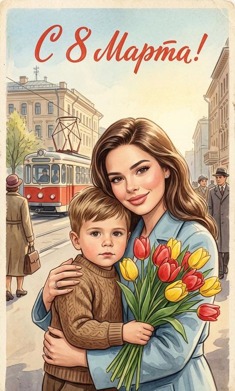 Используй загруженное изображение как reference для лиц и позы. в Сохрани полное сходство лиц: форма глаз, брови, нос, губы, овал лица, возрастные особенности, пропорции. Сохрани расположение тел, наклон головы, объятия, положение рук, композицию персонажей. ВНе менять черты лица, не заменять людей, не менять возраст и этничность.
Перерисуй сцену в стиле винтажной советской открытки
1950-60-х годов. Мягкая живописная иллюстрация, тёплая пастельная палитра, лёгкая текстура бумаги, эффект печатной открытки.
Сюжет: мама и ребёнок обнимаются на весенней городской улице, в руках яркие тюльпаны. На фоне ретро-трамвай, советская архитектура, прохожие в пальто. Атмосфера весны, мягкий солнечный свет.
В верхней части открытки надпись: « С 8 Марта!» красным винтажным шрифтом.
Иллюстративный стиль, высокая детализация лиц, аккуратные линии, мягкая акварельная заливка, вертикальный формат 3:4.
