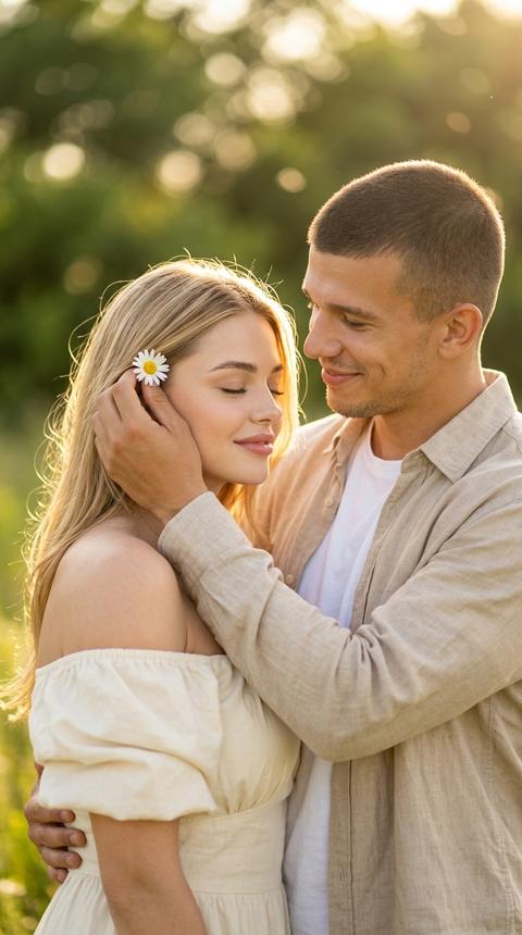  Нежный и романтичный портрет пары в стиле «golden hour love» и «intimate couple moment». Мужчина стоит рядом с женщиной, его рука нежно обнимает ее плечо и касается лица, в пальцах он держит маленькую белую ромашку, которую как бы вплетает в волосы у ее виска. Женщина с закрытыми глазами и легкой улыбкой склоняет голову к его руке, выражая нежность и доверие. Мужчина смотрит на нее с теплой, любящей улыбкой, глаза полузакрыты. Композиция передает глубокую интимность, заботу и романтическую связь.

> Одежда: Повседневный летний образ в натуральных тонах. На мужчине — светлая рубашка цвета хаки или бежевого оттенка из льна или хлопка, расстегнутая, поверх белой базовой футболки. На женщине — светлое (кремовое или молочное) платье или топ с открытыми плечами (off-shoulder) из легкой натуральной ткани с мягкой текстурой. Образы гармонично сочетаются в единой теплой палитре.

> Окружение и освещение: Локация — летнее поле или парк. На заднем плане размытая зелень и солнечные блики. Освещение — теплый, золотистый свет «золотого часа» (закатное солнце). Солнце находится сзади и сбоку, создавая мощный контровой свет и красивый золотистый ореол (rim light) на контурах фигур, волосах и руке мужчины. Свет мягкий, мечтательный, создает множество круглых бликов боке на заднем плане. Атмосфера летняя, романтичная и полная нежности.

> Технические параметры: Съемка на профессиональную камеру с портретным объективом 85mm f/1.4–f/1.8. Крупный план (по грудь/плечи). Очень открытая диафрагма для создания глубокого эффекта боке (художественного размытия фона с солнечными бликами) при сохранении идеальной резкости на лицах пары и руке с ромашкой. Теплая кинематографичная цветокоррекция в золотисто-бежевых тонах, высокая детализация текстур (ткань рубашки, кожа, ромашка), стиль fine art couple photography, формат 8k, фотореализм.