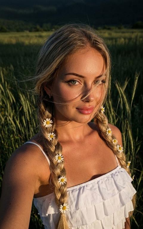 дорогой lifestyle момент, но снят случайно, как сторис без каких либо табличек. Фотореализм, фото снято на iPhone 17 pro max, нет идеальной симметрии нет «постановочного» ощущения,фото  3:4. Крупный план. Красивая фигура песочные часы, с большой грудью,Девушка волосы очень объемные заплетены в две косички, в которые вплетены цветки ромашек. Выбивабщиеся пряди у лица. Макияж со стрелками и пышными ресницами вытянутыми к виску, глянцевые губы полные розоватого оттенка и легкий розовый румянец, кожа слегка обожжена солнцем, лето она на зеленом лугу с колосьями. Одета в белый топ бандо из плотного холопка с множеством рюш на тонких бретелях , игривый взгляд в камеру и легкая полуулыбка, ветер развивает слегка волосы у лица и часть закрывает лицо. Темный кадр. Высокий контраст и длинные тени. Фото на айфон с присущем ему цифровым шумом. Соотношение сторон 3:4