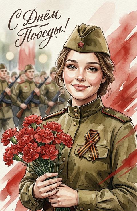 Портретная иллюстрация в стиле художественной акварели и винтажного советского плаката: молодая женщина в полевой советской форме и пилотке с красной звездой, по грудь, в центре композиции, держит букет алых гвоздик обеими руками; на груди георгиевская ленточка. Тёплая палитра бежевых, оливковых и насыщенно-красных тонов, фон — акварельные красные разводы и слегка размытый строй солдат с винтовками, перспектива парада, надпись сверху слева каллиграфией «С Днём Победы!», текстура бумажной зернистости, мягкое кинематографичное освещение, высокодетализированное лицо, натуральный макияж, реалистичные глаза, аккуратные штрихи и тонкие тени, глубокая резкость на фигуре и букетe, мягкое боке на фоне. Не меняй черты лица 