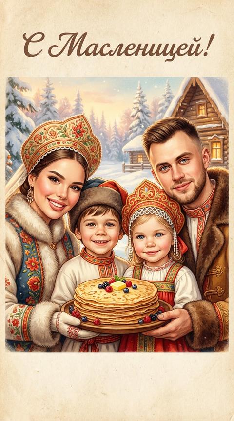 Сделай из этой фотографии винтажную открытку в сказочном стиле для подарка.
Сохрани внешность  без изменений. Экстремально крупный, близкий портрет. Лицо полностью узнаваемое, фотореалистичные, естественные.
Тёплая семейная композиция: по бокам взрослые, в центре дети (ребёнок). Лица близко друг к другу, лёгкие естественные улыбки, ощущение уюта и праздника.
Полностью замени одежду и обувь на традиционные русские праздничные наряды в стиле Масленицы: светлые народные костюмы с вышивкой и меховыми элементами. Женщины в кокошниках, подобранных по полу и возрасту.
Фон: мягкий зимний сказочный пейзаж, снег, праздничная атмосфера.
В руках центрального персонажа (преимущественно ребёнка) тарелка со стопкой румяных блинов.
Над изображением винтажная надпись:
«С Масленицей!»
Цвета: мягкие тёплые оттенки, уютный свет, винтажная открытка, атмосферно, празднично, фотореализм.