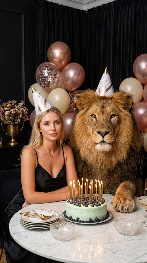 Photorealistic vertical 9:16 portrait photograph. An intimate evening birthday 
celebration inside a dark, luxurious interior — matte black walls and heavy 
dark pleated velvet curtains falling in soft folds behind the subjects.

SUBJECTS: A person sits at a round white marble table on the left third of the 
frame, body angled toward the camera, forearms resting calmly on the tabletop, 
a soft understated smile, eyes looking into the lens. They wear refined dark 
evening attire in black with a subtle sheen and simple, understated jewelry. 
Seated directly beside them on the right is a full-grown male African lion, 
almost their height while sitting, with an enormous thick mane in honey-gold 
and deep amber tones, individual hairs catching the light. The lion faces the 
camera head-on with a calm, composed, almost regal expression — amber eyes, 
dark muzzle, pale cream fur around the mouth and chin. His left front paw rests 
on the marble table edge, toes spread, pads and claws visible, thick fur on the 
foreleg. Completely photorealistic animal anatomy — not stylized, not 
cartoonish, no anthropomorphizing.

PARTY HATS: Both wear matching cone party hats — white paper with a marbled 
texture and rose-gold brushstroke accents, topped with a metallic gold tip. The 
person's hat is tilted slightly; the lion's sits between his ears at a casual 
angle, held snug against the mane.

BACKGROUND: A dense, layered cluster of balloons of varying sizes floating at 
different heights, filling the frame on both sides and cropping off at the top 
— matte and chrome rose-gold balloons, transparent balloons filled with 
rose-gold confetti flecks, plus cream and dusty-pink ones. Far left in the 
shadows: a dark sideboard with a tall brass urn holding pale dried flowers.

TABLE SETTING: Centered in the lower third, a round single-tier cake of medium 
height, smoothly frosted in pale cream-mint buttercream, its entire top densely 
covered with fresh blueberries arranged in concentric rings, lightly dusted with 
a natural bloom. Roughly sixteen slim, tall, brushed-gold metallic candles stand 
in the cake, every one lit with a warm flickering flame. The cake sits on a 
plain white round board. To the left: stacked white porcelain plates, a 
cut-crystal bowl, gold-toned flatware, two crystal glasses of pale champagne. At 
the right edge of the frame, a dark green champagne bottle with gold foil at the 
neck. Foreground bottom edge: a round gold mirrored tray with crystal glassware 
and small out-of-focus votive flames.

LIGHTING & CAMERA: The candles are the dominant light source, lighting the face, 
mane and marble from below and in front with warm golden falloff; deep shadows 
collapse into the black background at the edges. Intimate, expensive, cinematic 
mood. Shot on a full-frame camera, 50mm lens, f/1.8, shallow depth of field with 
the balloons softly blurred, warm color grade, natural film-like grain. 
Realistic skin texture with visible pores and fine detail, no plastic 
smoothing, no beauty-filter look.

NEGATIVE: text, captions, logos, watermarks, extra limbs or fingers, malformed 
hands, distorted faces, duplicated subjects, additional people, additional 
animals, cartoon or 3D-render style, oversaturated colors, harsh flash, 
oversharpening, mismatched lighting between subjects.