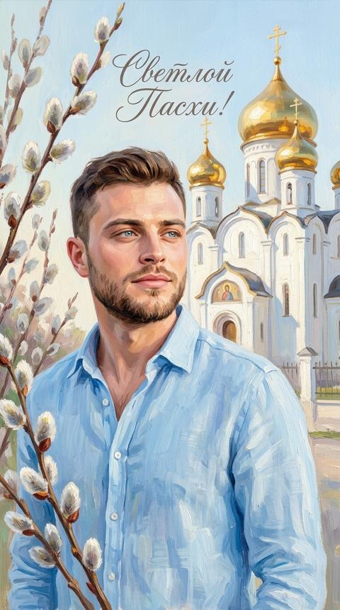 Создай портрет, не меняя черты лица. Живописный портрет в стиле масляной живописи, выполненный в мягких весенних пастельных тонах. Вертикальная композиция 9:16.
Мужчина с фото стоит и не смотрит в камеру  ,  одет в голубую одежду из льна.
Фон — белый храм с золотыми куполами. Видны мазки масляной краски, фактура холста. 
Текст в свободной зоне элегантным каллиграфическим шрифтом:
«Светлой Пасхи!» Текст должно быть четко видно
Мягкий рассеянный дневной свет, тёплая палитра, атмосфера нежности и уюта. Высокое разрешение, детализированная текстура мазков. Открытку обрамляет с одной стороны веточки пушистой вербы