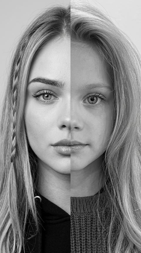 Создай фотореалистичный чёрно-белый портрет-коллаж из двух предоставленных фотографий. Соедини лица взрослого и ребенка строго вертикально по центру: левая половина итогового лица - половина лица родителя, правая половина - половина лица ребенка. Очень важно максимально сохранить реальные черты обоих людей с исходных фотографий, не изменять их внешность и не делать усреднённое лицо. Лица должны быть идеально совмещены по центру. Линия соединения должна проходить ровно через середину лба, носа, губ и подбородка. Особое внимание уделить тому, чтобы: оба глаза были полностью видны и каждый глаз сохранял форму, разрез и характерные особенности своего человека; разрез глаз и брови максимально соответствовали исходным фотографиям; нос был соединён точно по центру, чтобы были хорошо видны форма носа, переносица и обе ноздри: губы были очень чёткими И хорошо различимыми, при этом левая половина губ принадлежала родителю, а правая - ребенку; сохранилась форма верхней и нижней губы каждого человека; совпадали положение глаз, носа, губ и подбородка, чтобы лицо выглядело естественно и симметрично; не смешивать черты между половинами и не менять форму лица. Сделай крупный портрет анфас, человек смотрит прямо в камеру, нейтральное выражение лица. Чёрно-белая фотография с высокой детализацией кожи, глаз, ресниц, бровей, губ и волос.
Мягкое равномерное студийное освещение, светлый нейтральный фон, высокая резкость, реалистичная фотографическая текстура, без фильтров и сильной ретуши. Итог должен выглядеть как настоящее профессиональное фото, разделенное ровно пополам между двумя людьми.