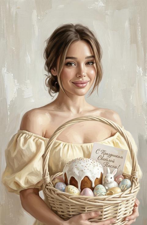 Вертикальное фото 9×16. Художественная стилизация под современную масляную живопись с мягкими мазками и выраженной текстурой холста. Девушка сидит в центре композиции, её фигура нежно обнимает большую плетеную корзину из светлой лозы, в которой расположен праздничный кулич с белой глазурью и посыпкой, разноцветные пасхальные яйца пастельных тонов, маленькая фигурка белого кролика и открытка с каллиграфической надписью “С Праздником Светлой Пасхи!”. Она одета в нежно-желтое платье с открытыми плечами и пышными рукавами. Волосы девушки собраны в свободный низкий пучок с выпущенными прядями у лица. Освещение мягкое, рассеянное, имитирующее дневной свет из окна, создающее деликатные блики на коже и одежде. Цветовая гамма: доминирующие нежно-желтый, кремовый, бежевый и теплые пастельные оттенки. Фон нейтральный, светлый, с имитацией грубых мазков краски и легким эффектом боке. Ракурс фронтальный, поясной портрет. Используй высокую детализацию текстур ткани и плетеных элементов. При генерации лица девушки, сохраняй индивидуальную мимику, направление взгляда и характерные черты согласно референсу, адаптируя их под общую стилистику живописи и сохраняя анатомическую точность. Не меняй черты лица, пропорции и текстуру кожи.

Негативный промт: cartoon, anime, 3d, CGI-style, plastic skin, overretouched, beauty filter, low resolution, blurry, artifacts, extra fingers, distorted anatomy, extra limbs, wrong fabric color, messy outfit, floating elements, deformed hands, text, watermark, UI, logos.