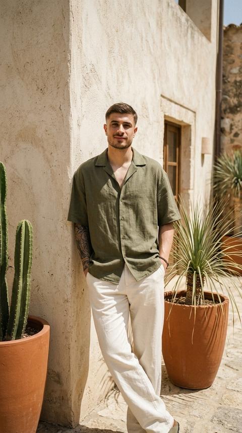 A man stands against a light-colored plaster wall, leaning his shoulder and back against it. Both hands are in his trouser pockets, one leg is slightly bent and crossed over the other in a relaxed pose, and his gaze is directed toward the camera. The shot is taken from the knees to the top of the head, at eye level, and the composition is built around the contrast between the light-colored architecture, the vegetation, and the minimalist summer look.

The man is wearing an oversized olive green (#6D7151) linen shirt with a matte textured surface. The shirt has short sleeves, a loose fit, an open collar, and a relaxed fit. The straight, wide-leg trousers are made of thick cotton in a soft ivory (#F4F1EA) with a smooth matte surface. The fabric forms large, soft folds along the entire length.

The scene takes place in the courtyard of a Mediterranean house. The walls are covered with light plaster in a warm limestone shade (#E7E0D4) with a pronounced textured surface and natural signs of age. Large terracotta planters (#B96F42) are positioned on either side of the model. One planter contains a tall cactus with rich green ribbed stems, while the other holds an ornamental desert plant with long, thin leaves. The ground is covered with light, natural-textured stone.

The lighting is natural, bright, and directional. The main source of light is direct midday sun, positioned high above the stage. The light creates sharp highlights on the face, clothing, and wall. Shadows have distinct edges and well-defined shapes. The contrast is moderately high. The lighting emphasizes the texture of the plaster, linen, and vegetation, while maintaining realistic detail.

Shot with a 50mm lens. Moderate depth of field. Focus is on the man's face and upper body. Architecture and plants remain clearly visible, preserving the detail of the surrounding environment. Highly detailed fabric, plaster, vegetation, and stone surfaces are rendered. Mediterranean lifestyle photography, highly detailed, photorealistic.

Warm Mediterranean resort mood, olive green and limestone dominant tones, earthy neutral palette, medium-low saturation, medium contrast, strong natural sunlight, crisp shadow definition, warm balanced skin tones, clean architectural highlights, rich texture separation, sun-drenched atmosphere, subtle film-like softness, minimal grain, refined travel editorial color grading, luxury coastal lifestyle photography look.