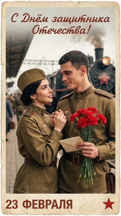 1. Вертикальный фотореалистичный кадр в стиле советской открытки 1940-х. Использовать загруженные фото мужчины и женщины как единственный референс, полное сходство, без ретуши.
Мужчина и женщина в военной форме стоят на железнодорожной платформе: у мужчины гвоздики и письмо-треугольник, женщина прижимает его руку. Тёплый живой взгляд.
Мягкий дневной свет, низкий контраст. Размытый фон с паровозом и дымкой. Бумажная фактура, потёртые края, зерно, лёгкая виньетка.
Текст: сверху «С Днём защитника Отечества!», снизу «23 ФЕВРАЛЯ», внизу справа красная звезда.
50–85 мм, малая ГРИП, лица в фокусе, 8K, RAW, HDR. Без 3D и мультяшности.