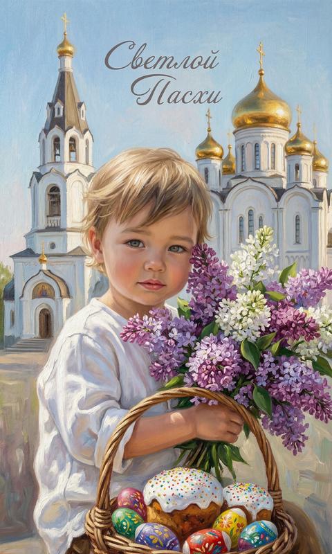Создай портрет, не меняя черты лица, возраст и волосы. Живописный портрет в стиле масляной живописи, выполненный в мягких весенних пастельных тонах. Вертикальная композиция 9:16. 
Ребёнок одет в белую одежду из льна,  
Он  обнимает  огромный букет сирени и держит  в руках плетеную корзину с ярко-разукрашенными пасхальными яйцами и пасхальными куличами с белой глазурью, и посыпкой. 
Фон — белый храм с золотыми куполами.  Видны мазки масляной краски, фактура холста.
Текст  в свободной зоне элегантным каллиграфическим шрифтом на русском языке:
«Светлой Пасхи»
Мягкий рассеянный дневной свет, тёплая палитра, атмосфера нежности и уюта. Высокое разрешение, детализированная текстура мазков.